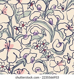 Vector hand-drawn flower sketch illustration seamless repeat pattern