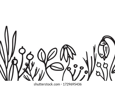 
Vector hand-drawn flowers, leaves, berries isolated on white background. Border with с for the design of postcards, website, post on social networks, wedding design or logo.