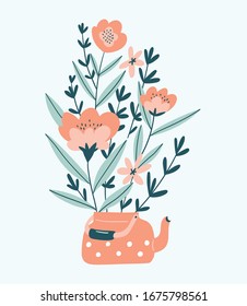 Vector hand-drawn flowers in teapot. Spring bouquet in flat style. Floral card design.