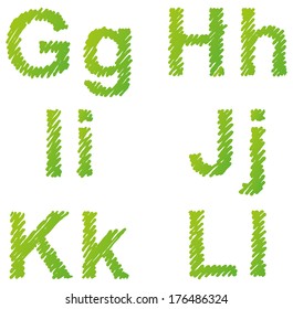 Vector hand-drawn font. Uppercase and lowercase letters of the Latin alphabet hatched green marker