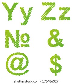 Vector hand-drawn font. Uppercase and lowercase letters of the Latin alphabet hatched green marker