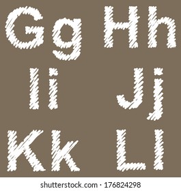 Vector hand-drawn font. Uppercase and lowercase letters of the Latin alphabet shaded white chalk on a blackboard