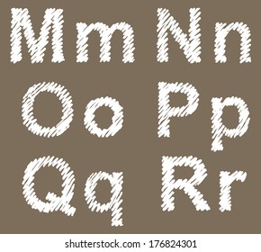 Vector hand-drawn font. Uppercase and lowercase letters of the Latin alphabet shaded white chalk on a blackboard