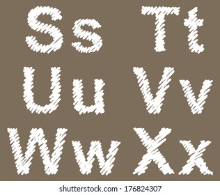 Vector hand-drawn font. Uppercase and lowercase letters of the Latin alphabet shaded white chalk on a blackboard