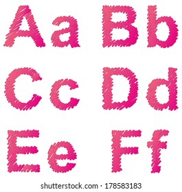 Vector hand-drawn font. Uppercase and lowercase letters of the Latin alphabet hatched  crimson marker