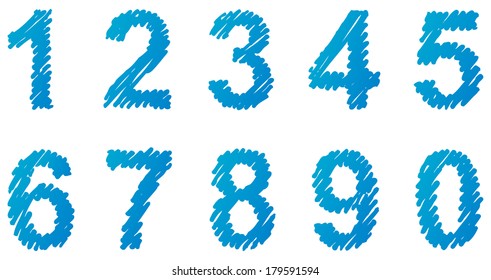 Vector hand-drawn font. Uppercase and lowercase letters of the Latin alphabet hatched blue marker