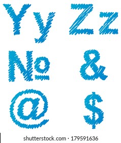 Vector hand-drawn font. Uppercase and lowercase letters of the Latin alphabet hatched blue marker
