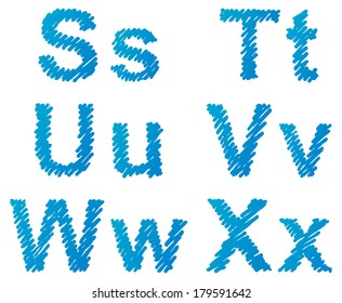 Vector hand-drawn font. Uppercase and lowercase letters of the Latin alphabet hatched blue marker