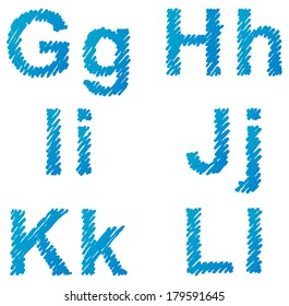 Vector hand-drawn font. Uppercase and lowercase letters of the Latin alphabet hatched blue marker