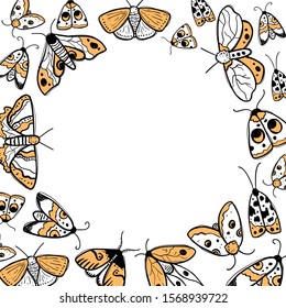 Vector hand-drawn frame with moths and butterflies. Vector template for greeting card, banner, print with butterflies with place for text. Vector ink doodle illustration of flying insects.