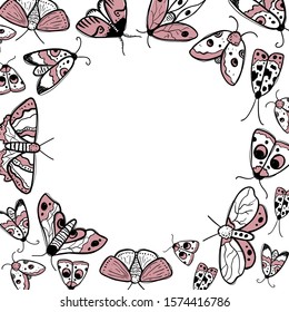 Vector hand-drawn frame with moths and butterflies. Vector template for greeting card, banner, print with butterflies with place for text. Vector ink doodle illustration of flying insects.