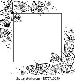 Vector hand-drawn frame with moths and butterflies. Vector template for greeting card, banner, print with butterflies with place for text. Vector ink doodle illustration of flying insects.