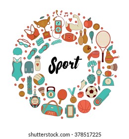 Vector handdrawn  frame, wreath made of fitness and sport elements in doodle style. Healthy lifestyle background made of sport icons 