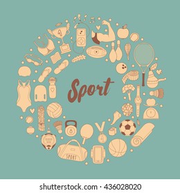 Vector handdrawn  frame, wreath made of fitness and sport elements in doodle style. Healthy lifestyle background made of sport icons 