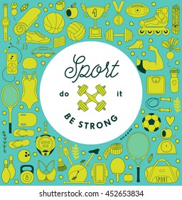 Vector handdrawn  frame, wreath made of fitness and sport elements in doodle style. Healthy lifestyle background made of sport icons 