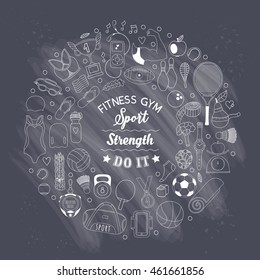 Vector handdrawn  frame, wreath made of fitness and sport elements in doodle style. Healthy lifestyle background made of sport icons 