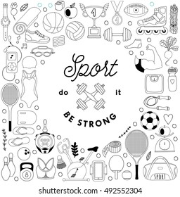Vector handdrawn  frame, wreath made of fitness and sport elements in doodle style. Healthy lifestyle background made of sport icons 