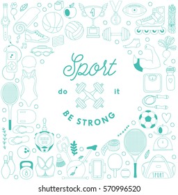 Vector handdrawn  frame, wreath made of fitness and sport elements in doodle style. Healthy lifestyle background made of sport icons 