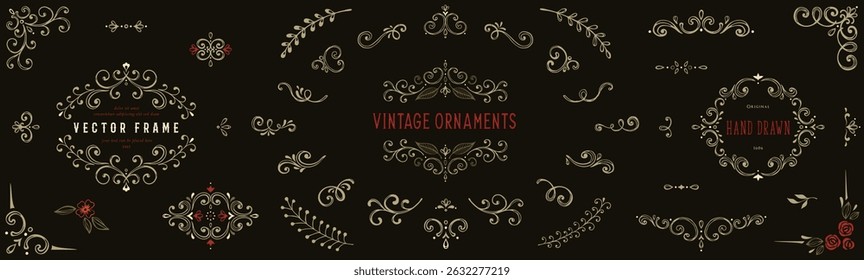 Vector handdrawn frames, ornate elements, labels, scroll, logos, floral motifs. For branding, graphic design, packaging, stickers, business and greeting cards, invitations, menu.