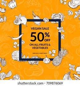 Vector handdrawn fresh fruits and vegetables shop or market sale background with square frame. Illustration of vegan sale banner