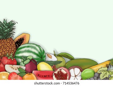 Vector hand-drawn fruit and berry vertical banners on a colorful background. Design for natural cosmetics, sweets and pastries filled with fruit, dessert menu, health care products. 