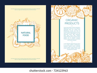 Vector handdrawn fruits and vegetables card, brochure, flyer template with frames illustration