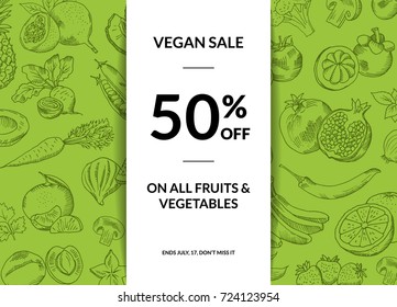 Vector Handdrawn Fruits And Vegetables Vegan Sale Background With Shadows Illustration