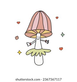 Vector hand-drawn funny cute comic character mushroom in doodle groovy style