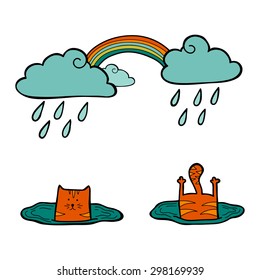 Vector hand-drawn funny cute illustration with cat, clouds, rainbow, rain