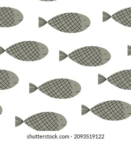 Vector hand-drawn funny grey fish seamless pattern. Sea repeat texture on white background. Minimalistic fish print design for kids fabric or wallpaper