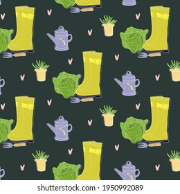 Vector handdrawn gardening pattern with countryside attributes such as yellow rubber boots, plant pots, cabbage and watering can on the green background. 