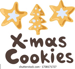 Vector hand-drawn ginger cookie, holiday season doodle clipart. Christmas collection, lettering. Iced christmas biscuits. Cute holiday bakery isolated on a white background. Kawaii cartoon icon