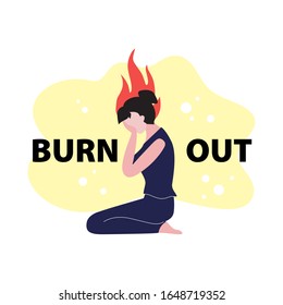 Vector handdrawn girl or woman with dark hair sitting on the floor with fire above the head and crying.  Burning out, depression or mental disorder concept. Silhouette isolated on yellow background