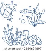 Vector hand-drawn graphic blue line art underwater compositions with shells, fish, coral, seastar and bubbles in Mediterranean style