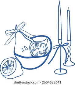 Vector dibujado a mano con frutas, arcos y velas en estilo mediterráneo