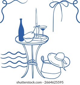Vetor desenhado à mão cartão de arte de linha azul com piquenique à beira-mar, arco, ondas, vela, garrafa de vinho, coquetel de vidro em estilo mediterrâneo