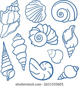 Vector hand-drawn graphic collection of seashells in blue color