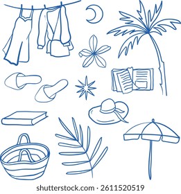 Vector hand-drawn graphic collection of seaside Mediterranean holidays elements: palm tree, sun umbrella, hat, beach clothes, book, tropical flower 