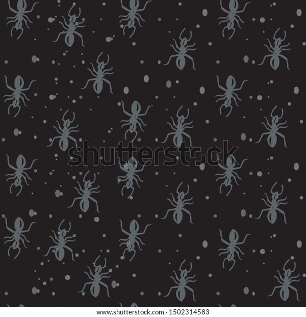 vector hand-drawn gray ants on a dark black\
background with bread crumbs and\
sand.