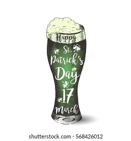 Vector Hand-drawn green beer isolated on white. Happy St. Patrick's Day. Lettering, sketch