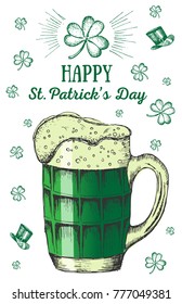 Vector Hand-drawn green beer isolated on white. Happy St. Patrick's Day.