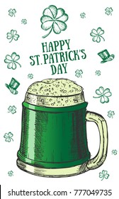 Vector Hand-drawn green beer isolated on white. Happy St. Patrick's Day.