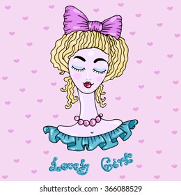 Vector hand-drawn greeting card Valentine's Day. lovely blonde girl with a crimson bow in her hair and turquoise frills. Light pink hearts on a pink background
