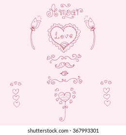 Vector hand-drawn greeting card with Valentine's Day symbols. Set  with original hand lettering Amour ( love in french), ornament, heart,  tulip flower, men mustache, female lips. 