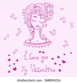 Vector hand-drawn greeting card Valentine's Day. Girl with heart and original hand drawn phrase I love you my Valentine . On a pink background 