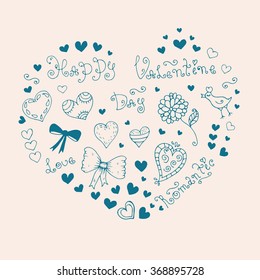 Vector hand-drawn greeting card with Valentine's Day symbols. Set  with original hand drawn phrase happy Valentine Day, bird, flower, objects and patterns in the form of heart. On a white background