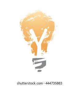 Vector hand-drawn grunge brush strokes of silhouette of a yellow light bulb on a white background. Brush smear stain texture. Vector business illustration.