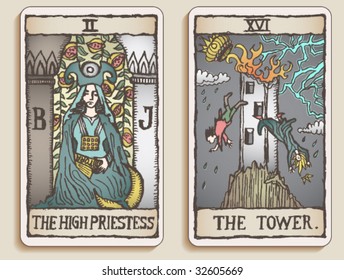 VECTOR Hand-drawn, grungy, textured Tarot cards depicting the High Priestess and the Tower.