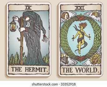 VECTOR Hand-drawn, grungy, textured Tarot cards depicting The Hermit and The World.