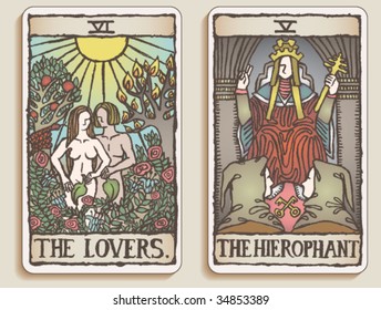 VECTOR Hand-drawn, Grungy, Textured Tarot Cards Depicting The Lovers And The Hierophant.